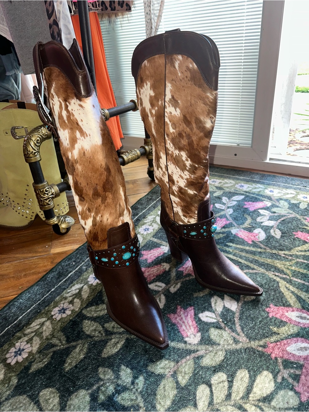 Brown Leather & Calf Hair Western Boots with Turquoise Accents Steve Madden 7